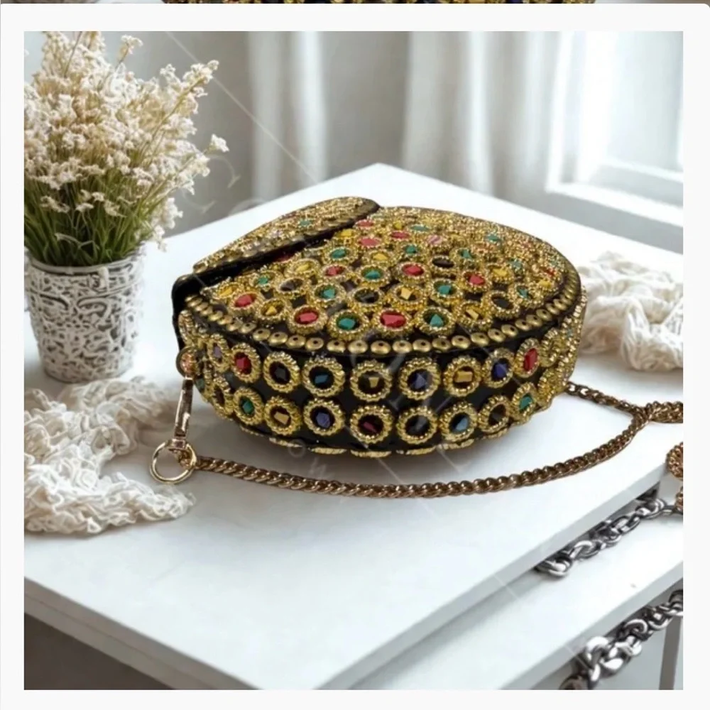 New Ramla Atom Multicolored Mosaic Handmade Crossbody Clutch Bag w/ Chain